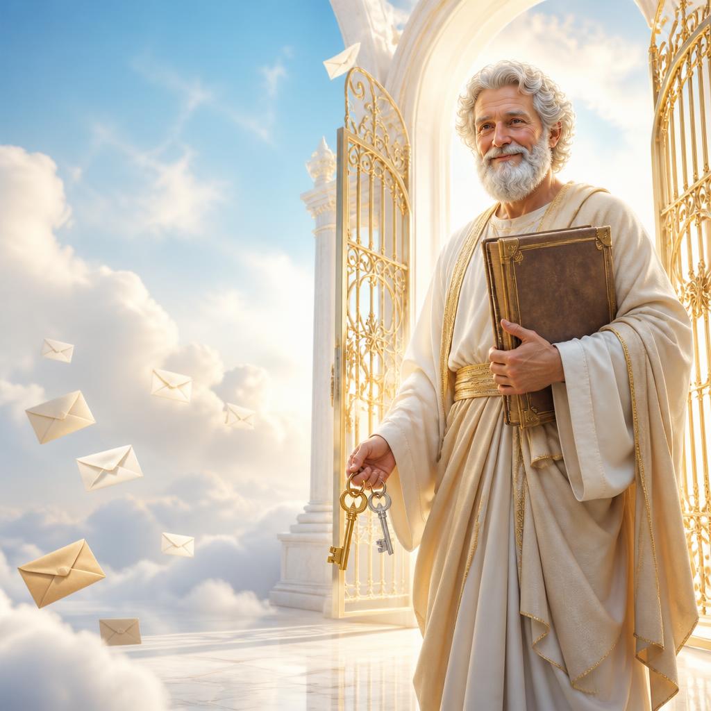 A calm, warmly lit gatekeeper standing at pearly cloud-gates while junk mail drifts away outside